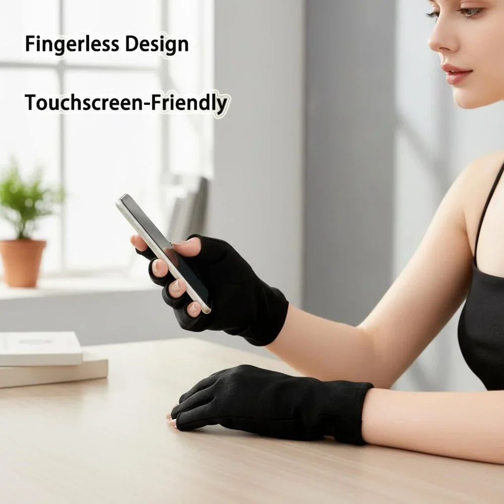 Women's Black One Size 4 Pairs Cotton Fingerless Fits Most Gloves Design